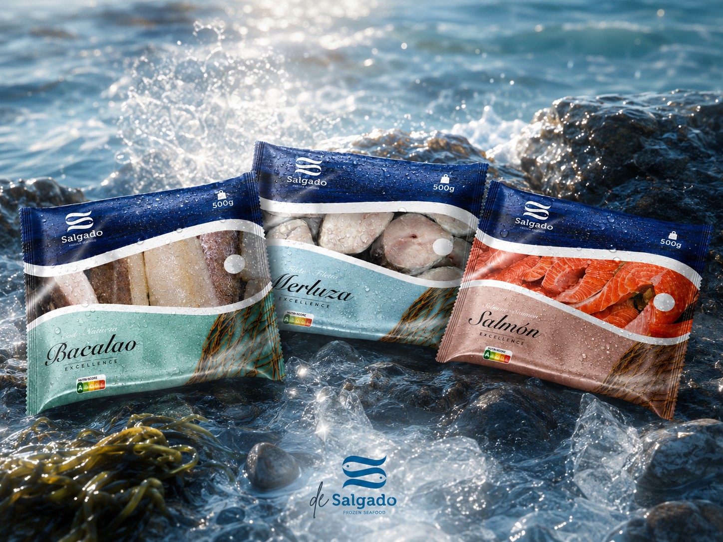 Bolsas Salgado Excellence de bacalao, merluza y salmón sobre las rocas