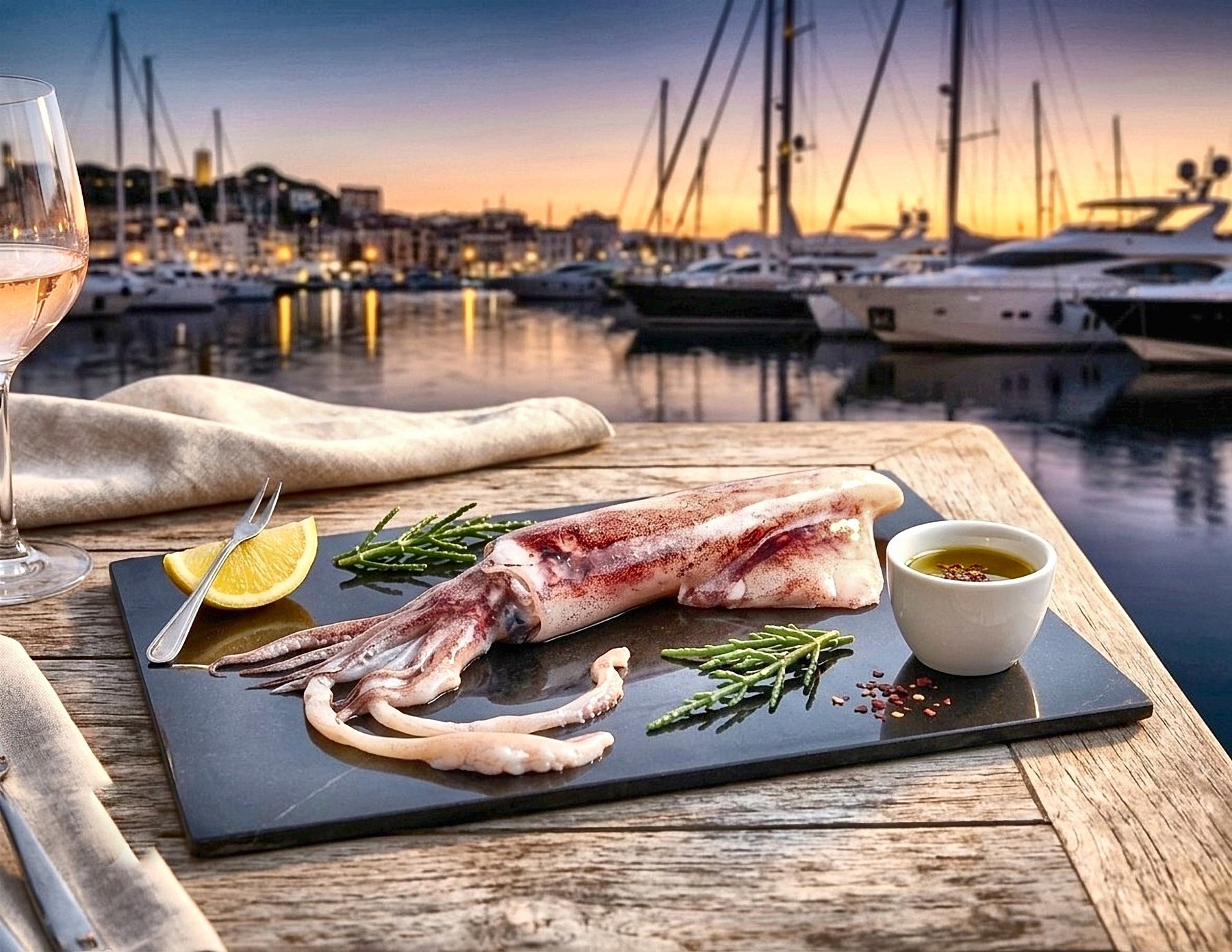 Calamar entero sobre tabla, con vistas a un puerto al atardecer